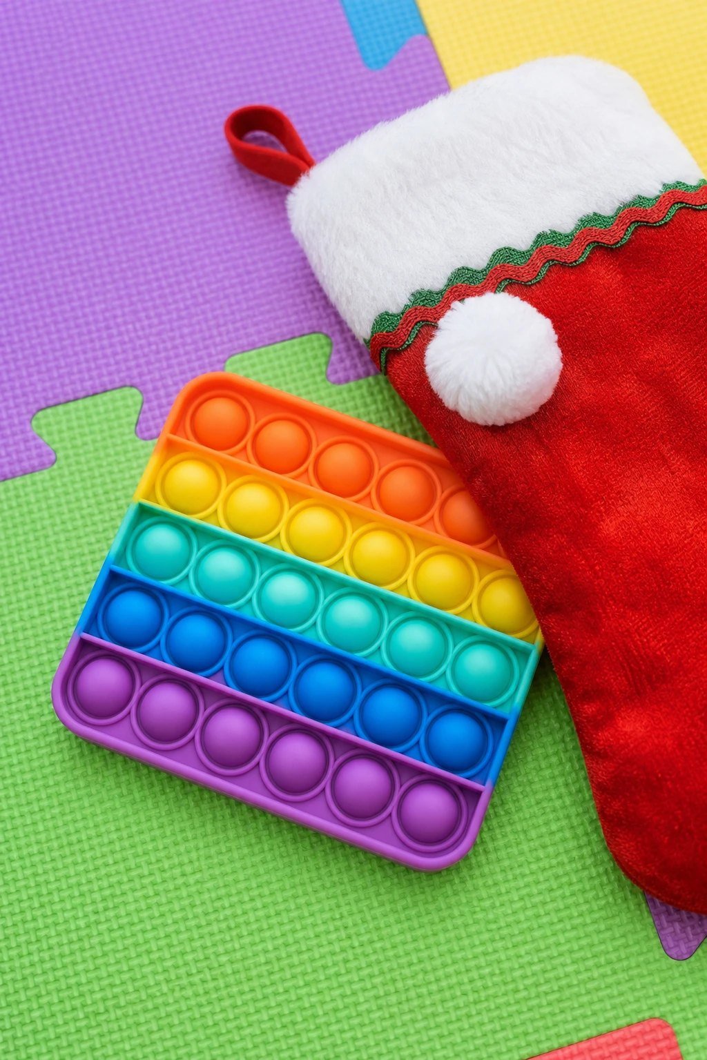 A colorful silicone push and pop sensory toy with bright bubbles on a soft play mat beside a Christmas stocking