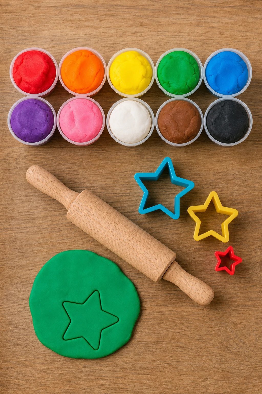 Ten small colorful tubs of modeling dough lined up on a kitchen table with a rolling pin and star shaped cutters