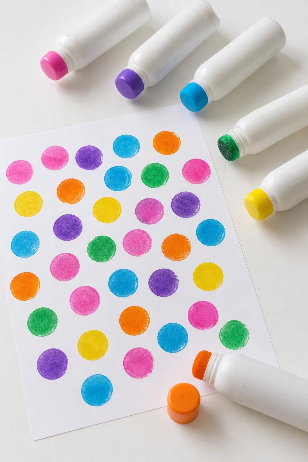 Chunky washable dot markers in bright colors with a sheet of paper covered in colorful dots on a white table