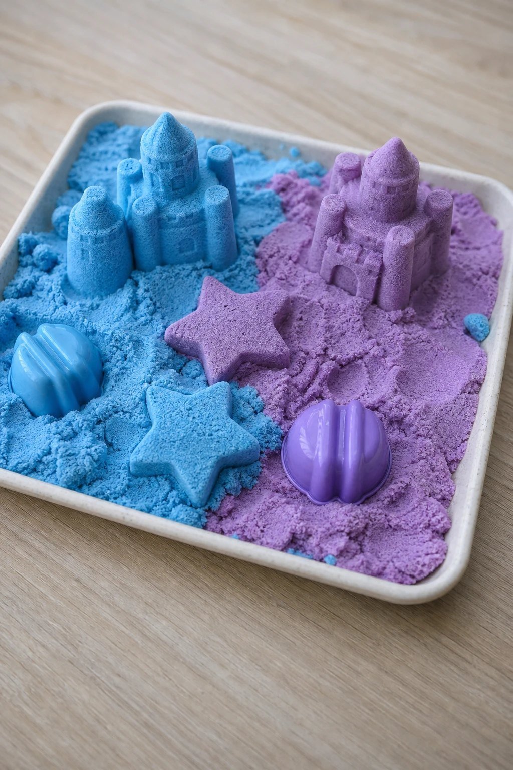 A small tray of molded blue and purple play sand shaped into castles and stars with tiny molds