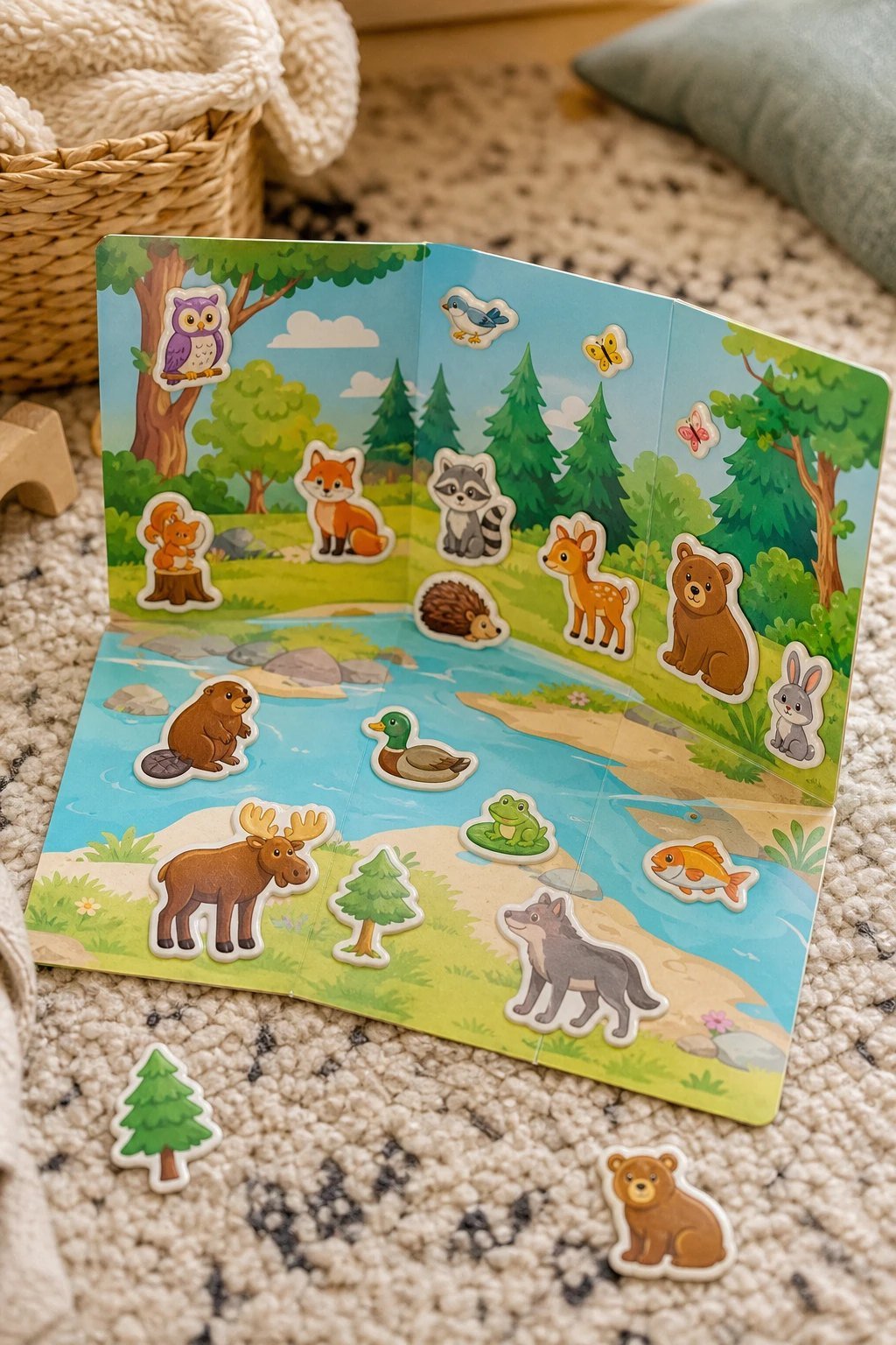 A reusable puffy sticker scene with colorful animals and trees on a fold out board on a cozy rug