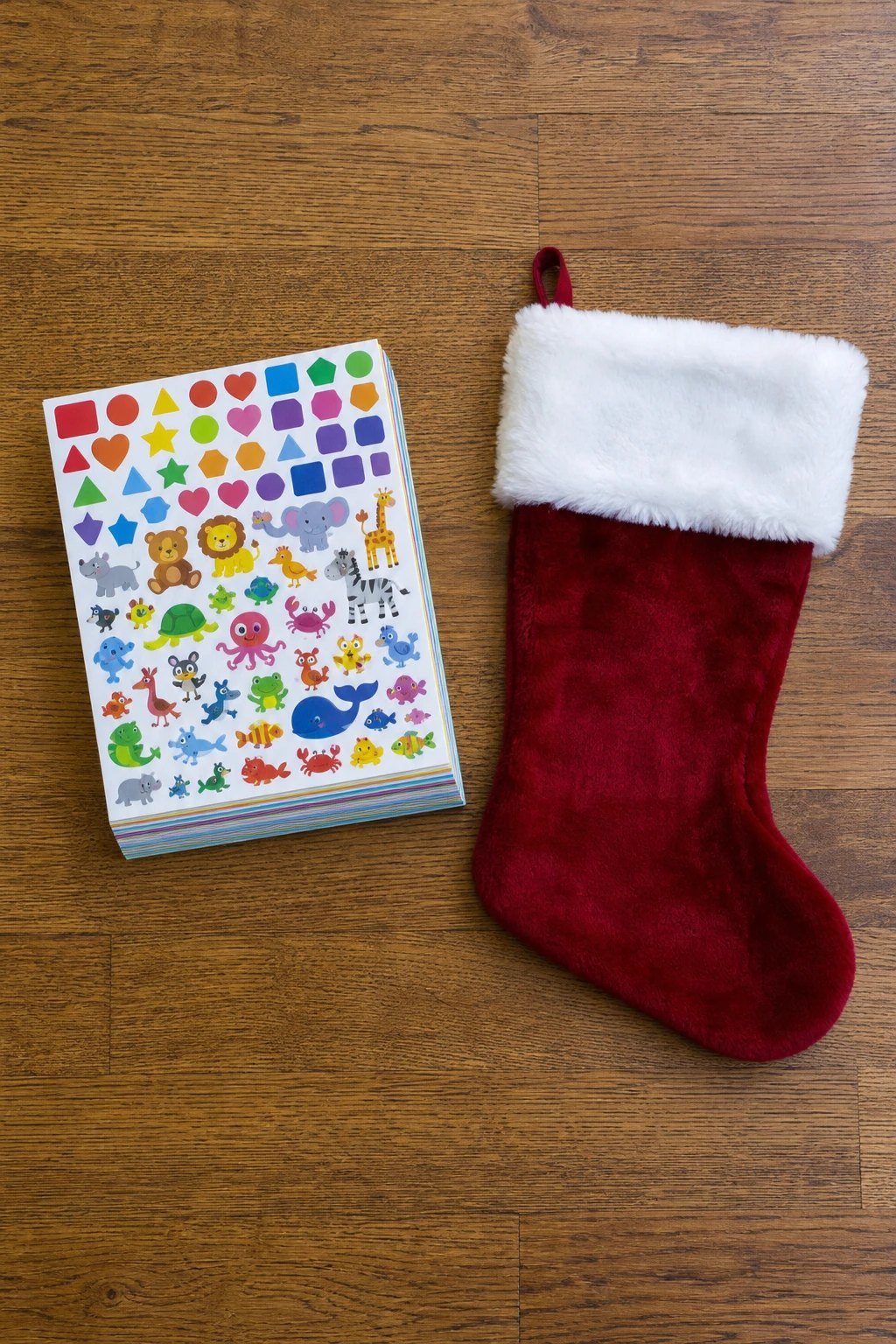 A thick pad of colorful sticker sheets with simple shapes and animals beside a Christmas stocking on a wooden floor