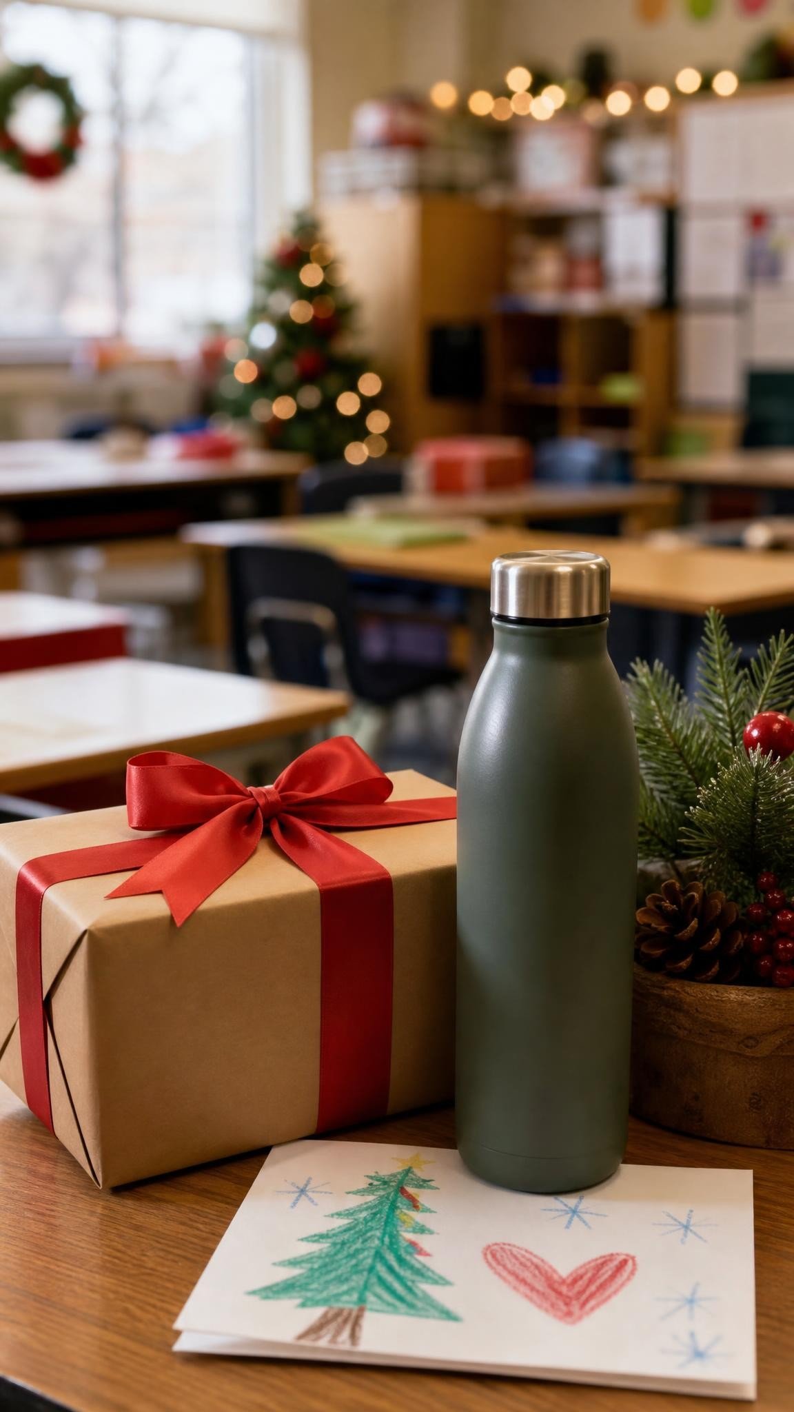 A wrapped teacher Christmas gift on a classroom desk with a water bottle and a handmade card