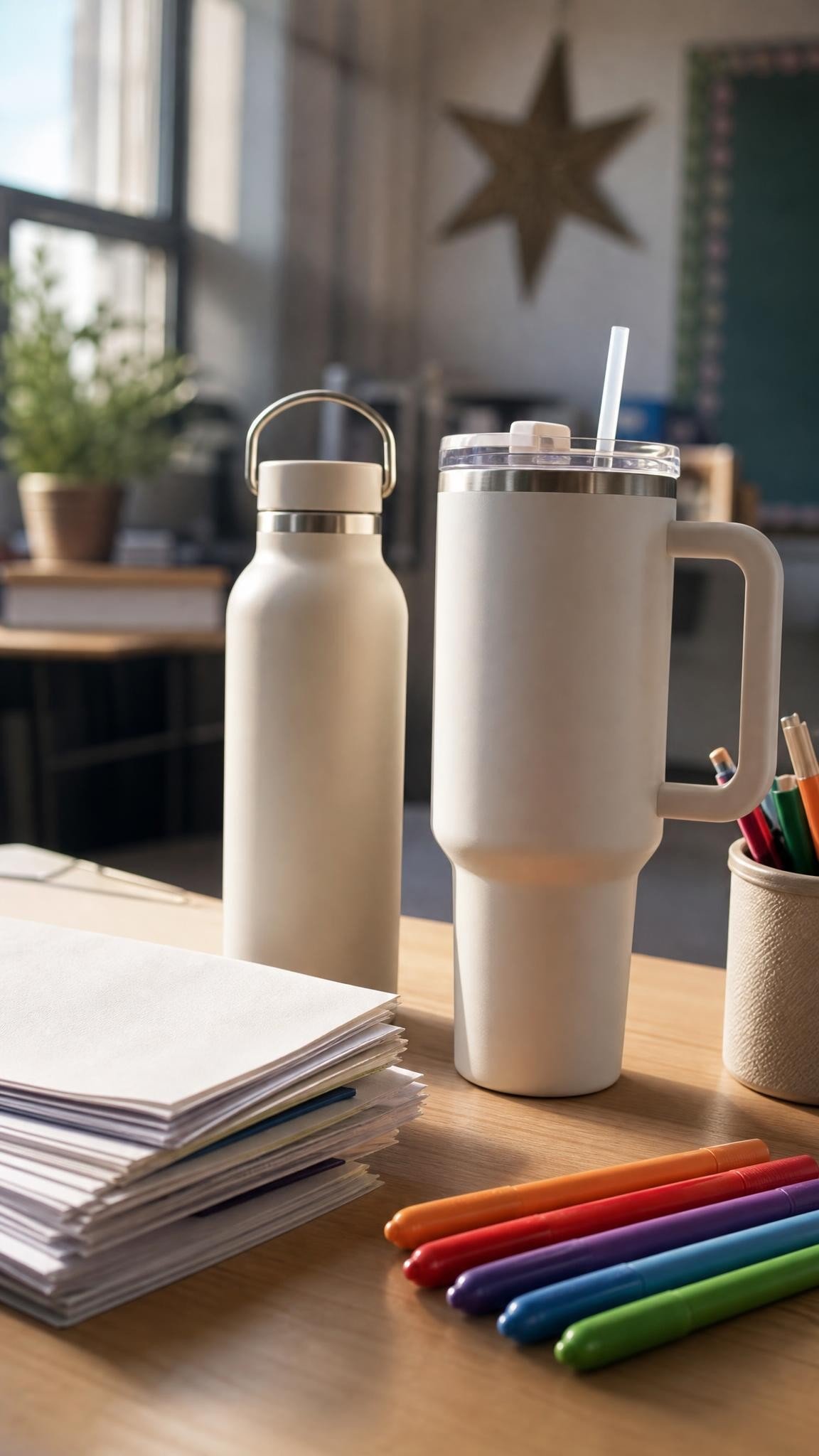A water bottle and a large tumbler on a teacher desk beside graded papers and pens