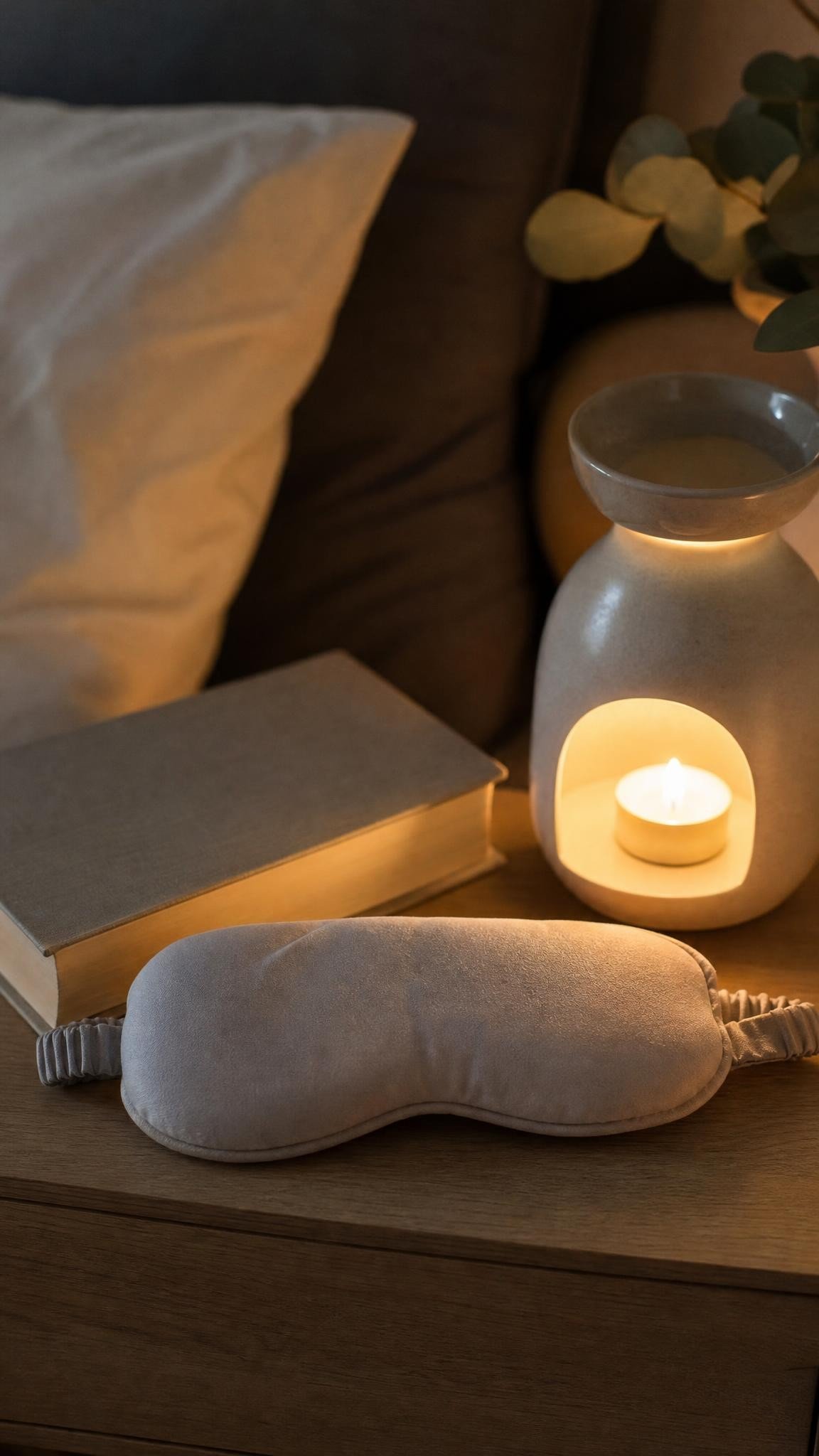A heated eye mask beside a candle warmer lamp on a nightstand