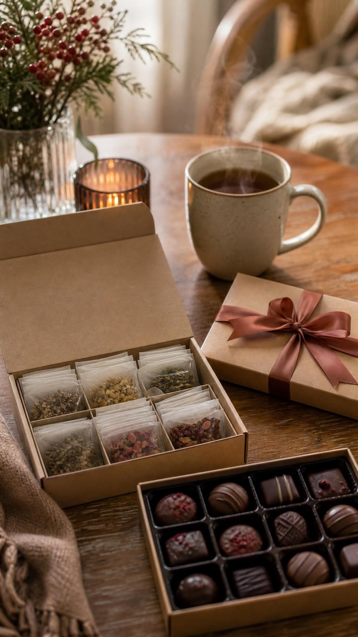 A tea gift box and a box of chocolates tied with ribbon