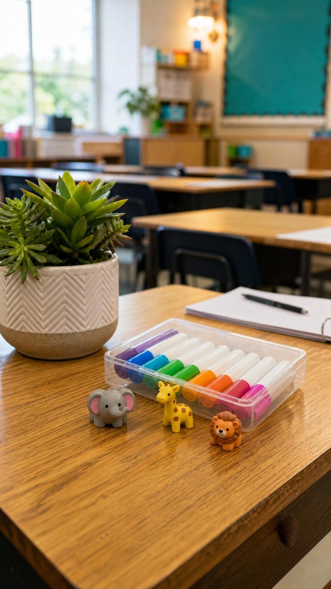 Dry erase markers, a small succulent and animal erasers on a teacher desk