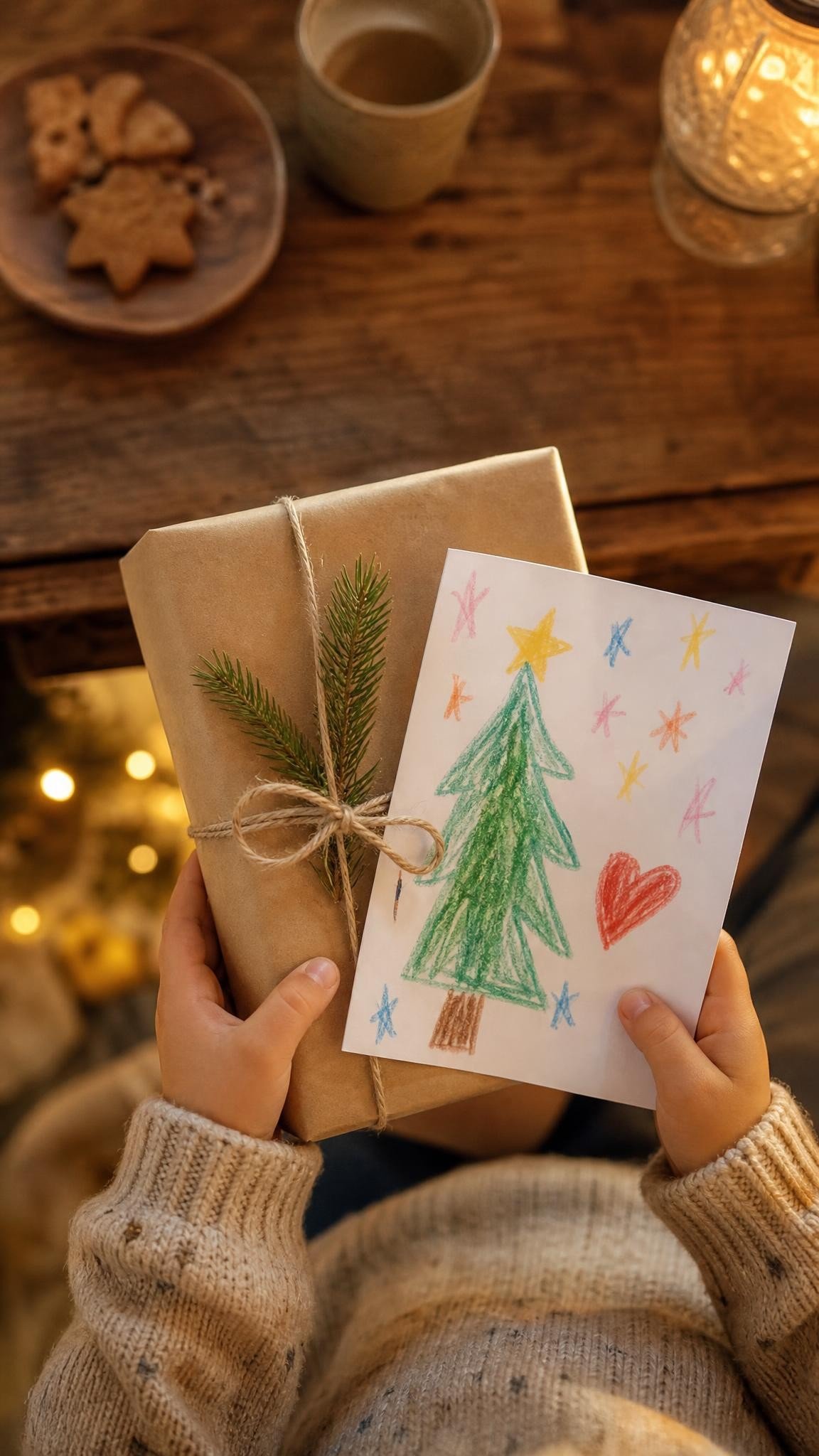 Child hands holding a wrapped Christmas gift and a handmade card for a teacher