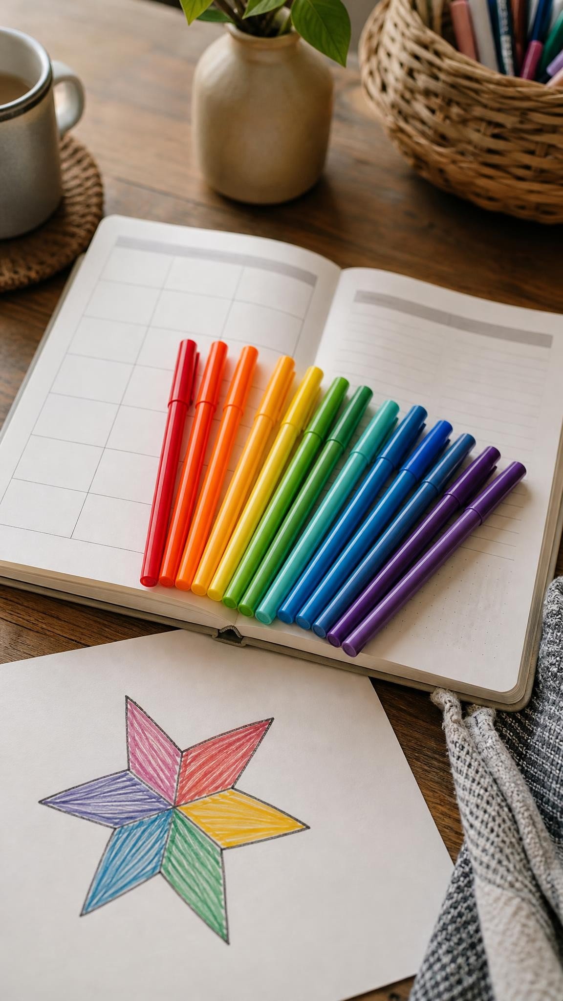 Colorful felt tip pens fanned out on a teacher lesson planner