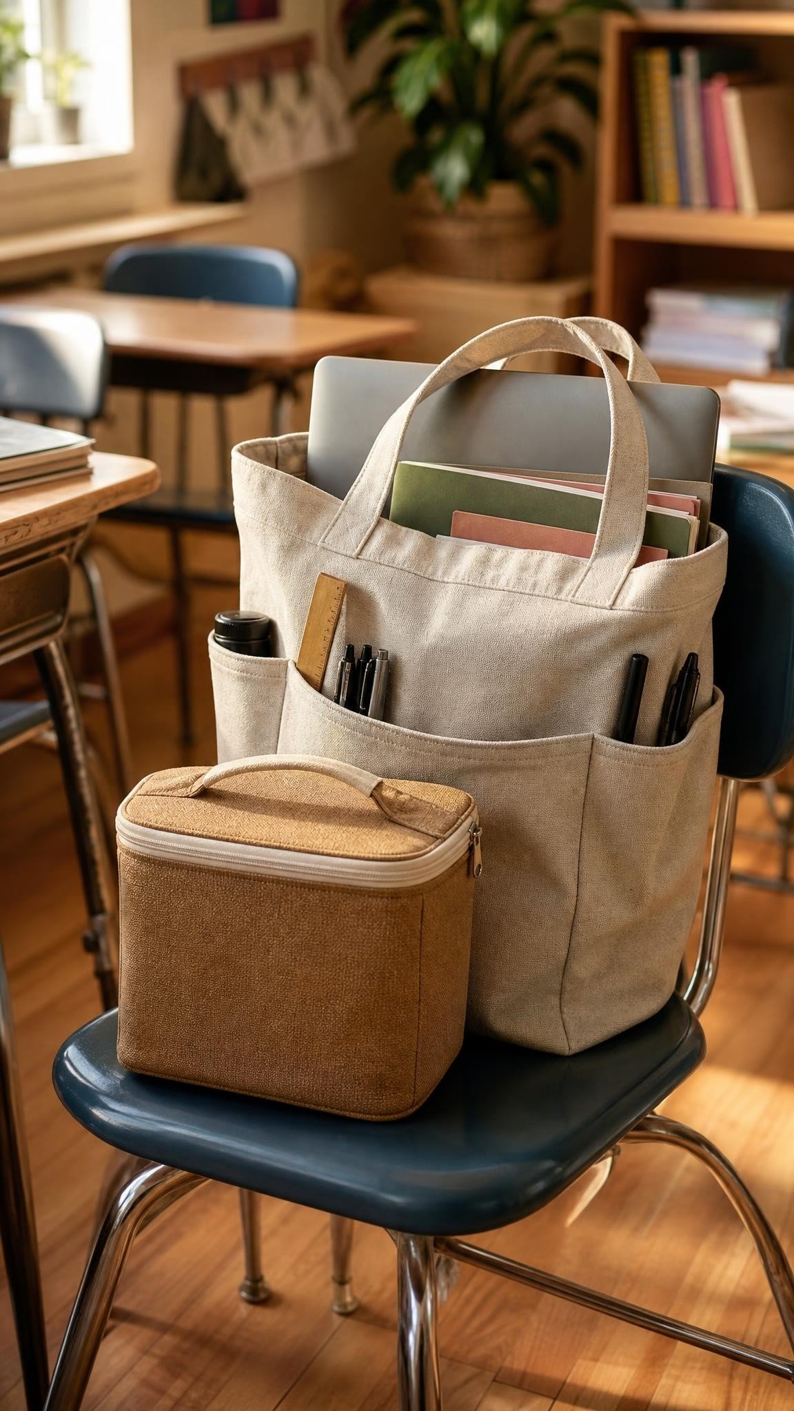 An insulated lunch bag and a teacher tote bag on a classroom chair