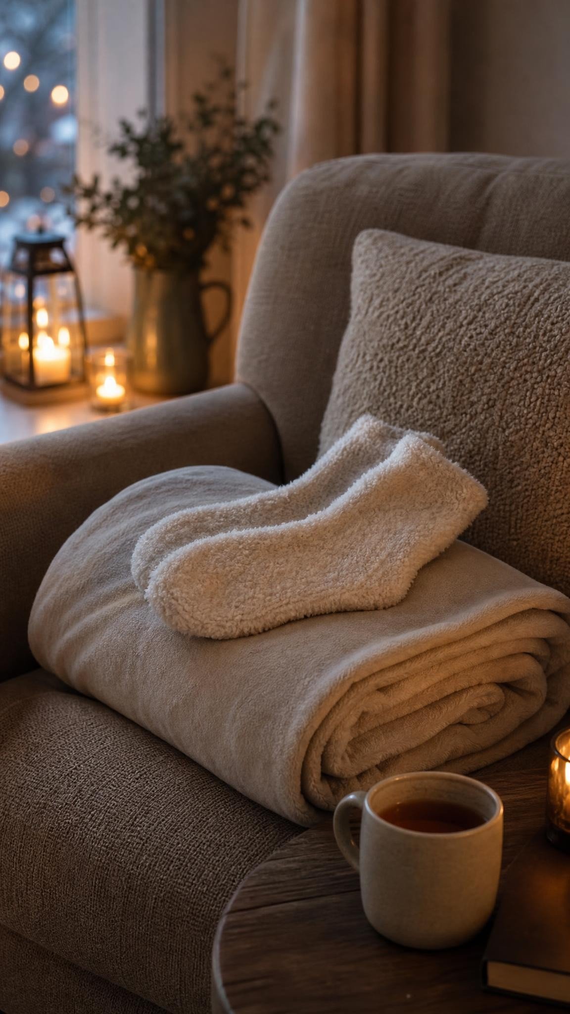 Fluffy socks and a fleece throw blanket on an armchair with a cup of tea