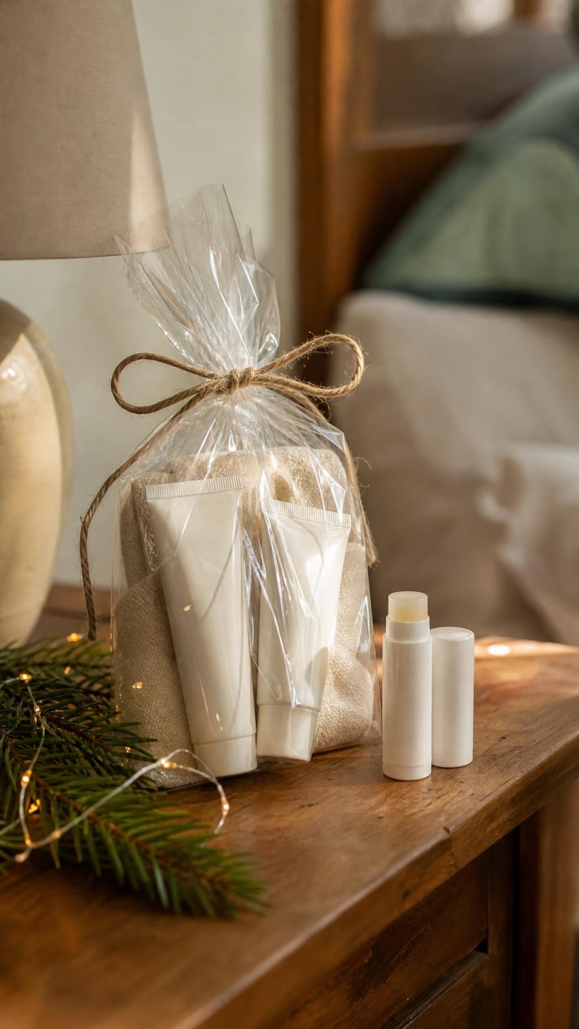 A wrapped hand cream set and lip balms on a bedside table