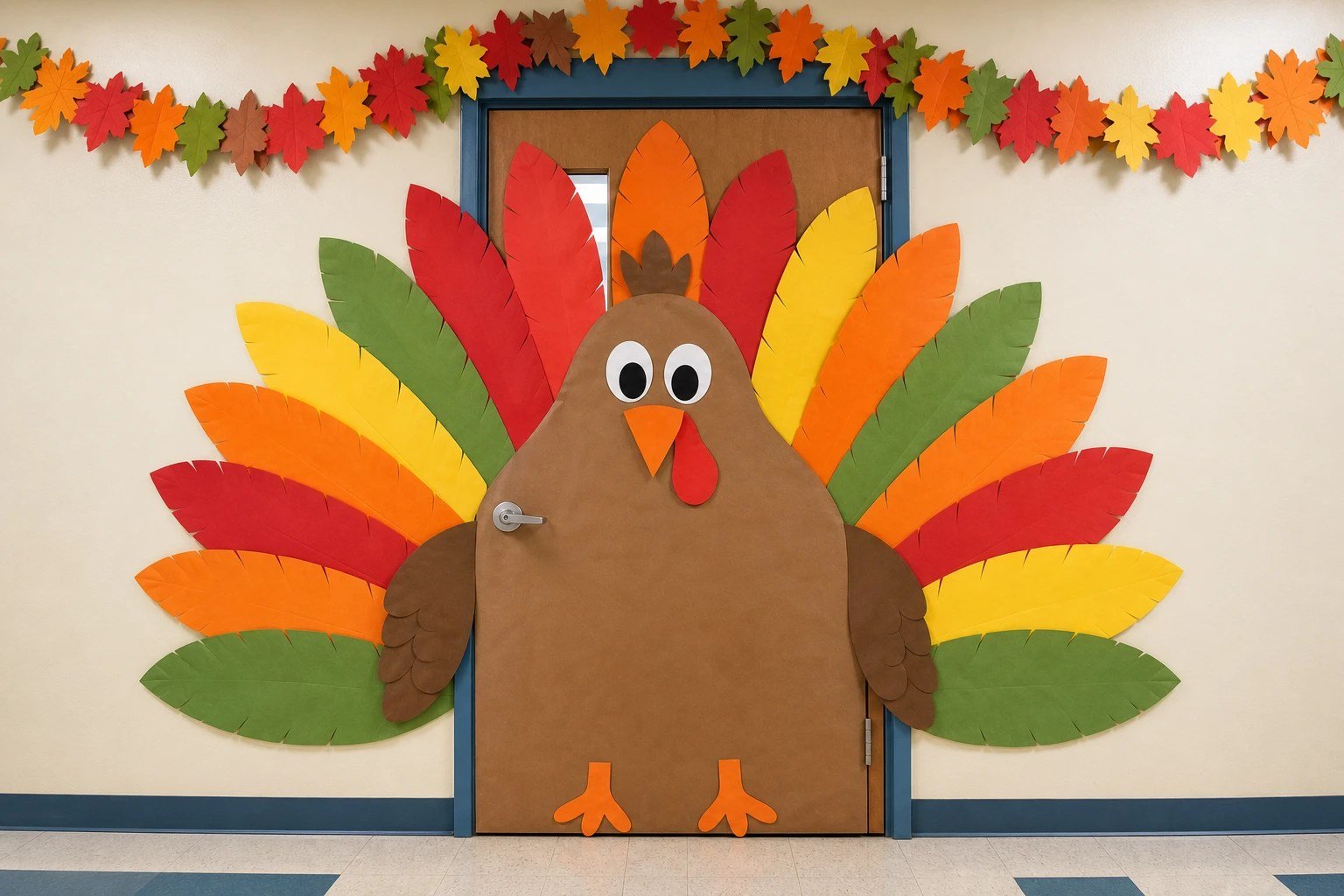 A cheerful Thanksgiving classroom door decorated as a giant paper turkey with thankful feathers