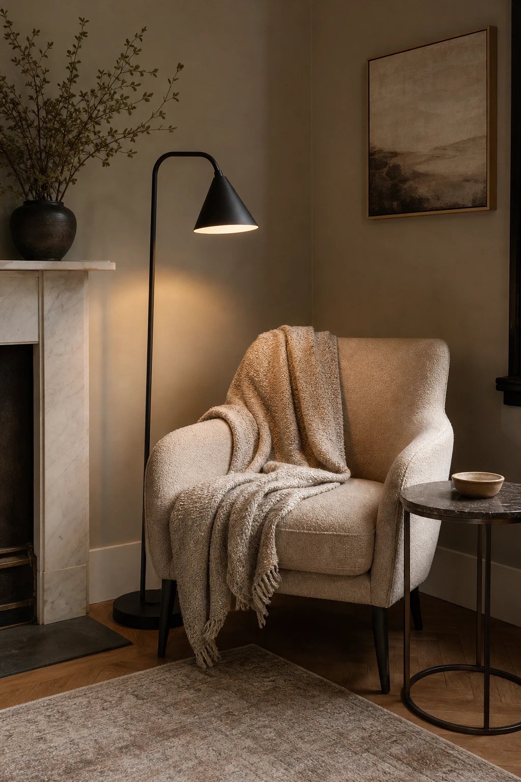 A corner chair and a lamp