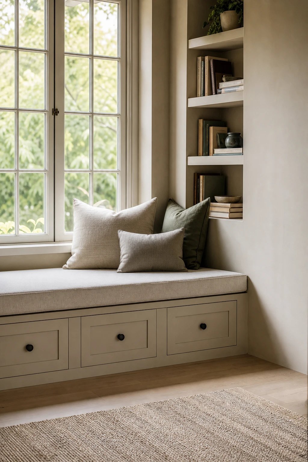 A built-in bench with storage