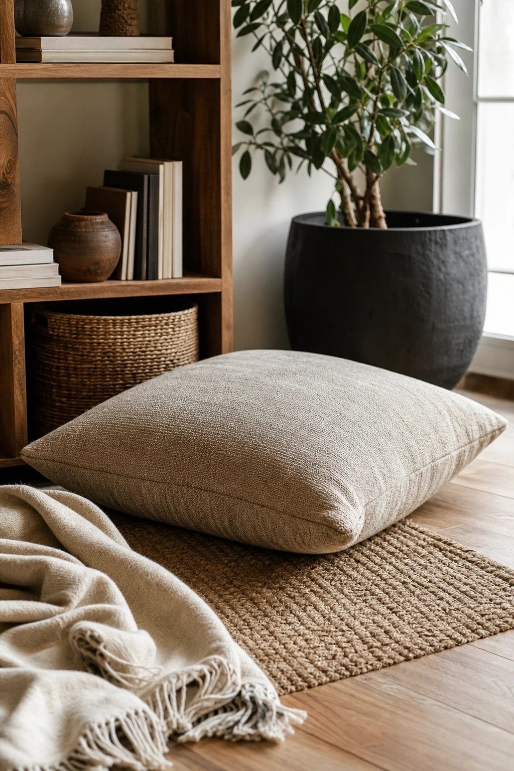 Floor cushions and a low shelf