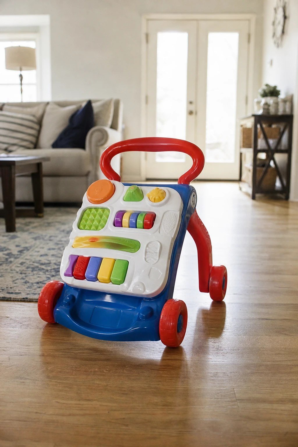 A colorful push walker toy with a play panel on a wooden floor