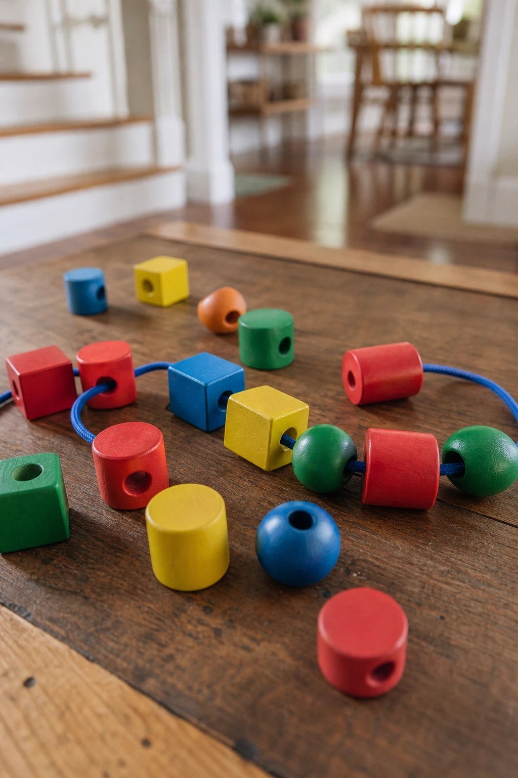 Large wooden lacing beads threaded on laces on a table
