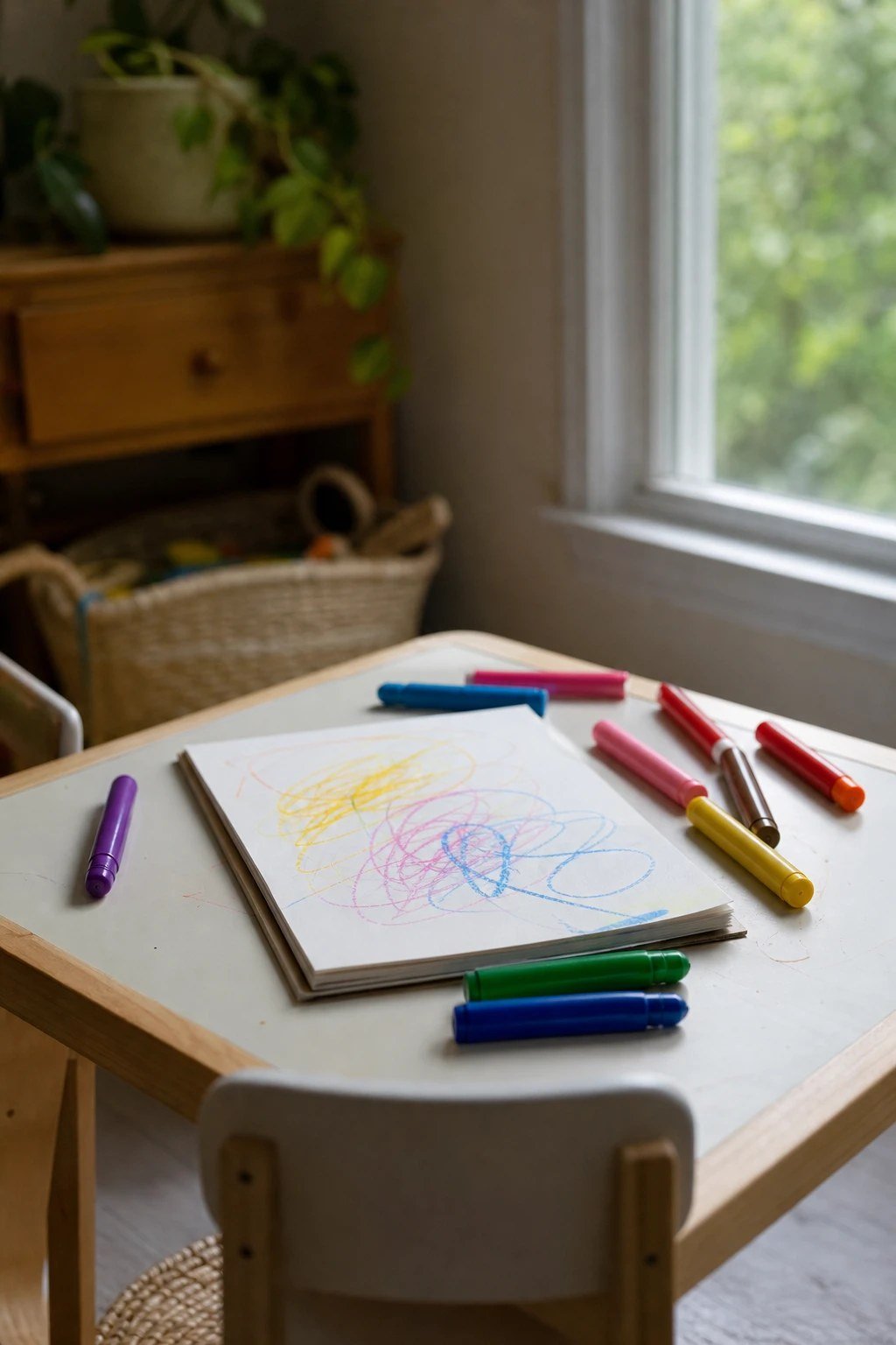Chunky toddler markers and a coloring pad on a small table