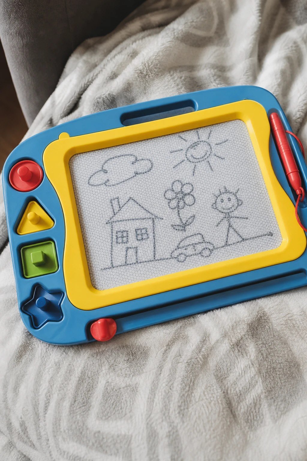 A colorful magnetic drawing board with a tethered pen