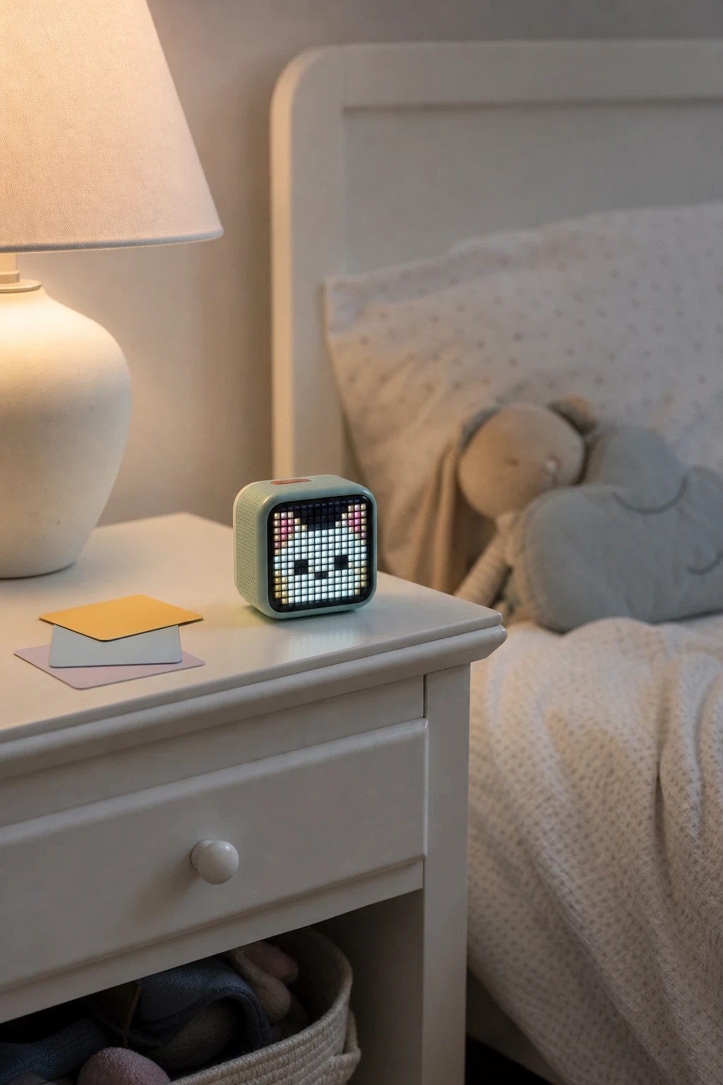 A small kids audio player with cards on a nightstand by a toddler bed