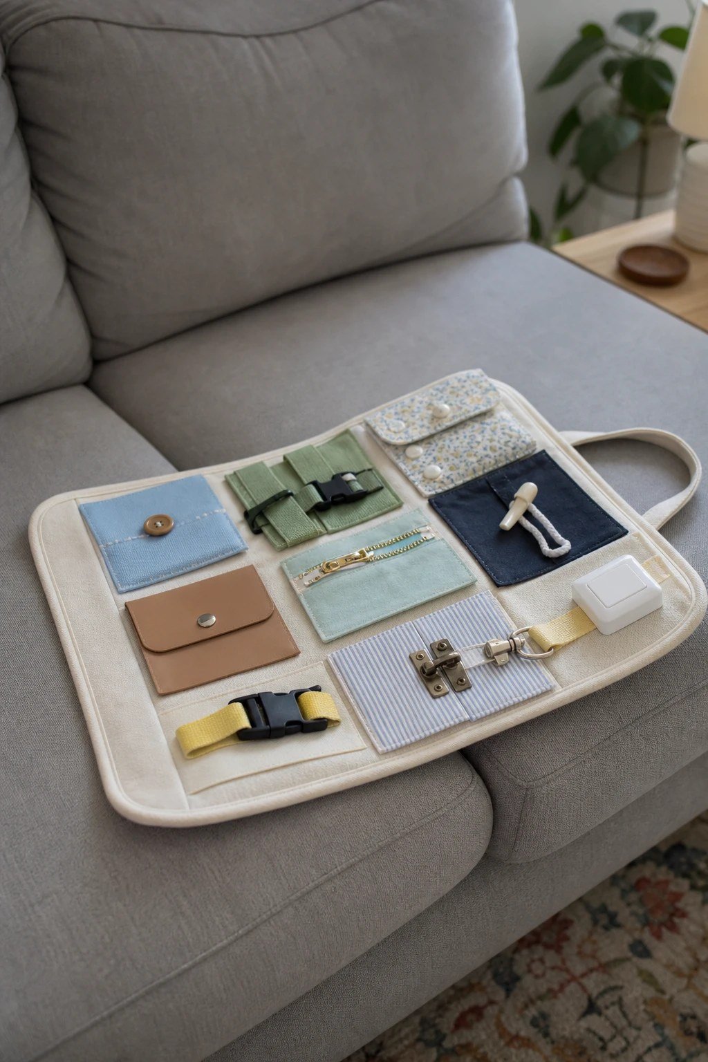 A soft toddler busy board with buckles and zips on a sofa