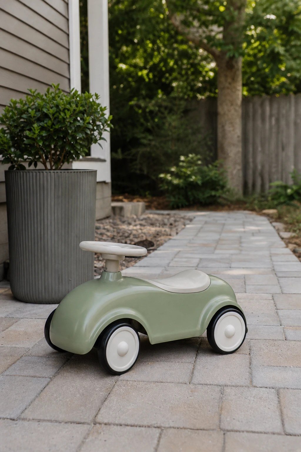 A small toddler ride-on push car on a backyard patio