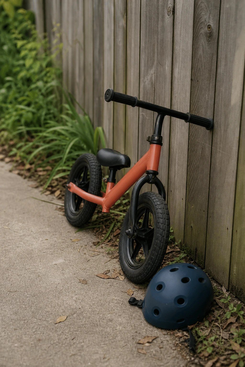 A toddler balance bike with no pedals and a small helmet by a fence