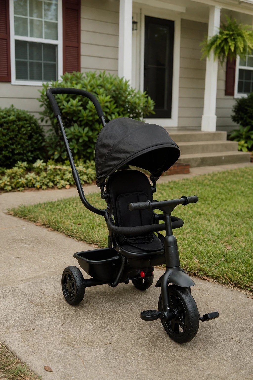 A toddler push trike with a parent handle on a sidewalk