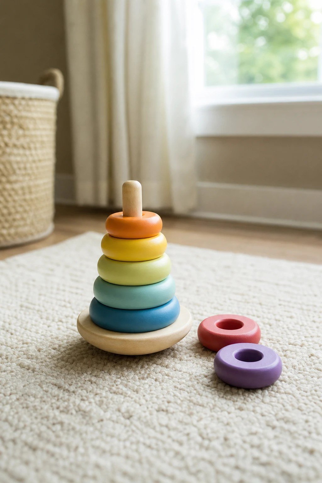A colorful stacking rings toy on a play mat