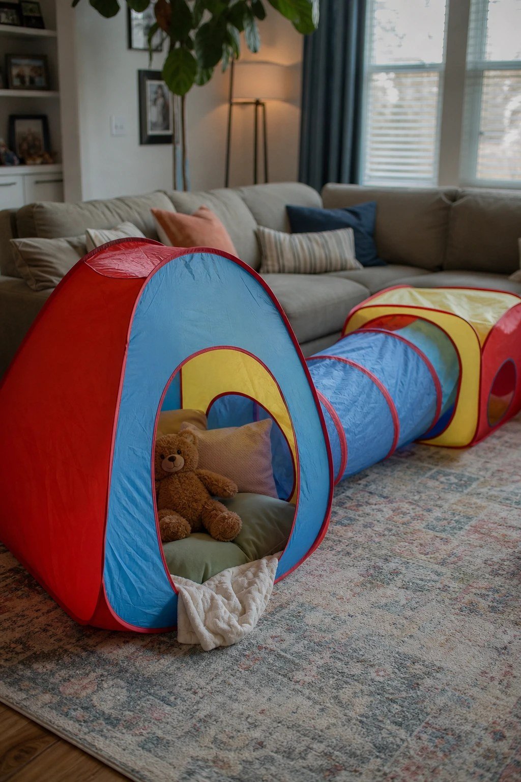 A pop-up play tent with a crawl tunnel in a living room