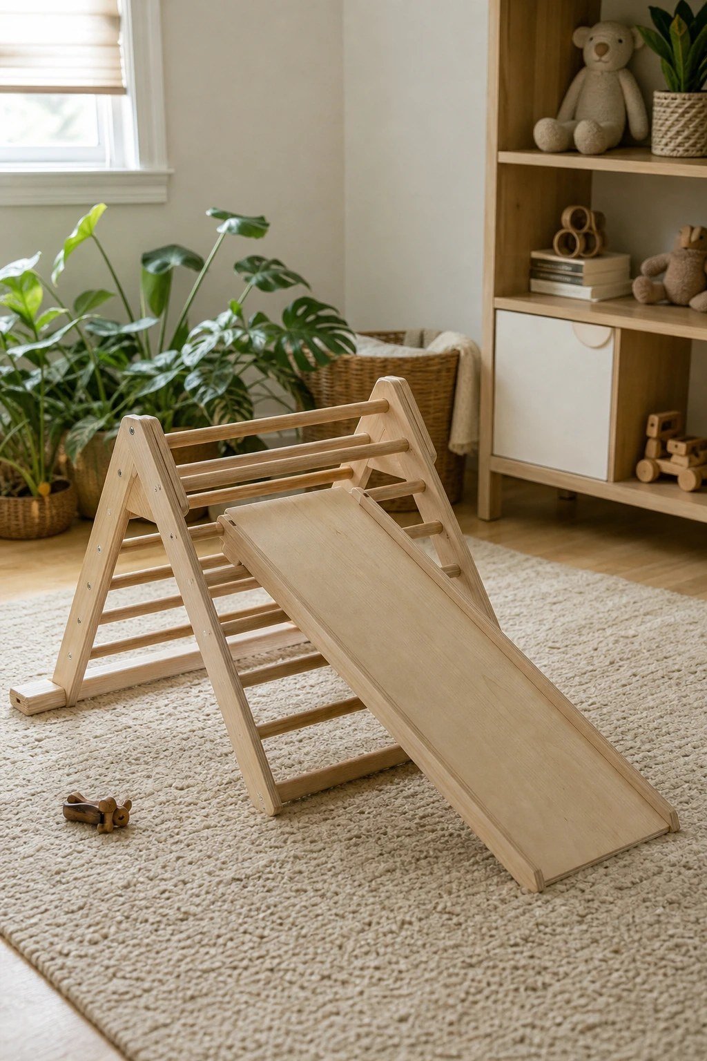 A wooden toddler climbing triangle with a ramp in a playroom