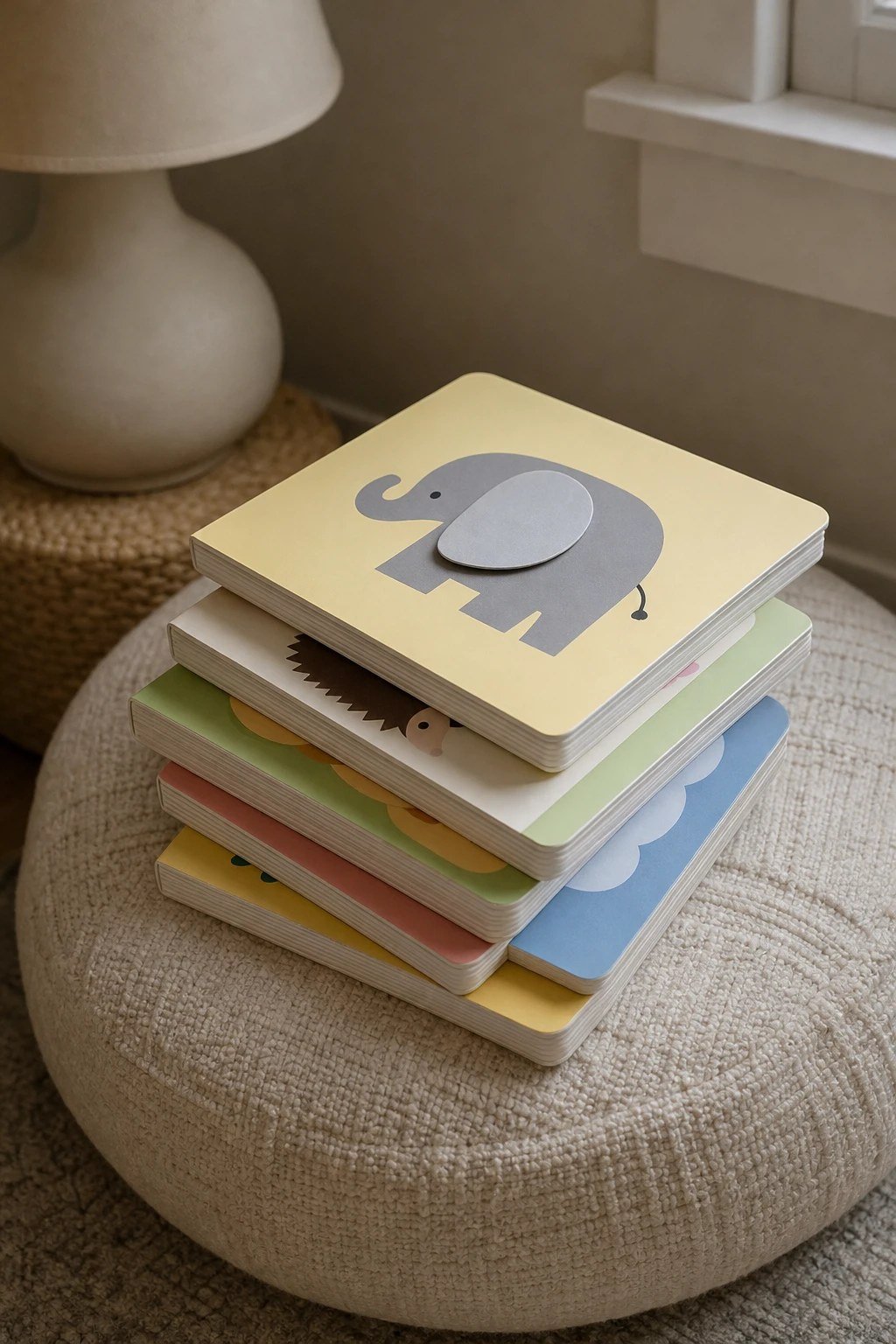 A stack of chunky board books on a cozy reading pillow
