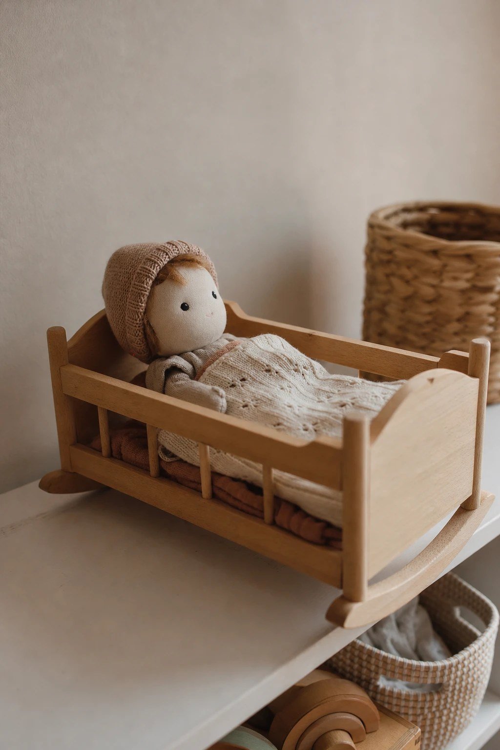 A soft plush baby doll in a small wooden toy cradle
