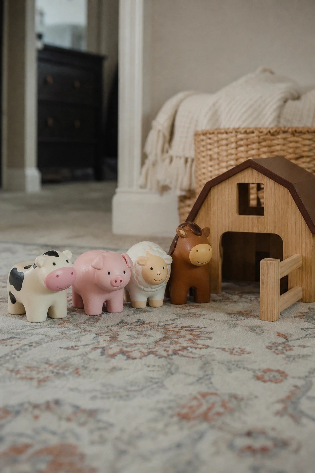 Chunky toddler farm animal figures beside a small wooden toy barn