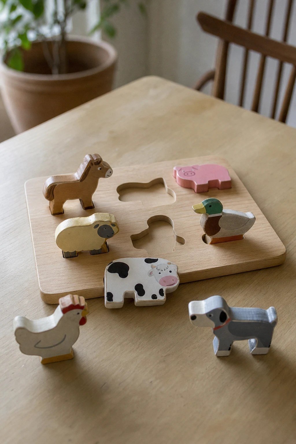 A wooden chunky animal puzzle with thick pieces on a table
