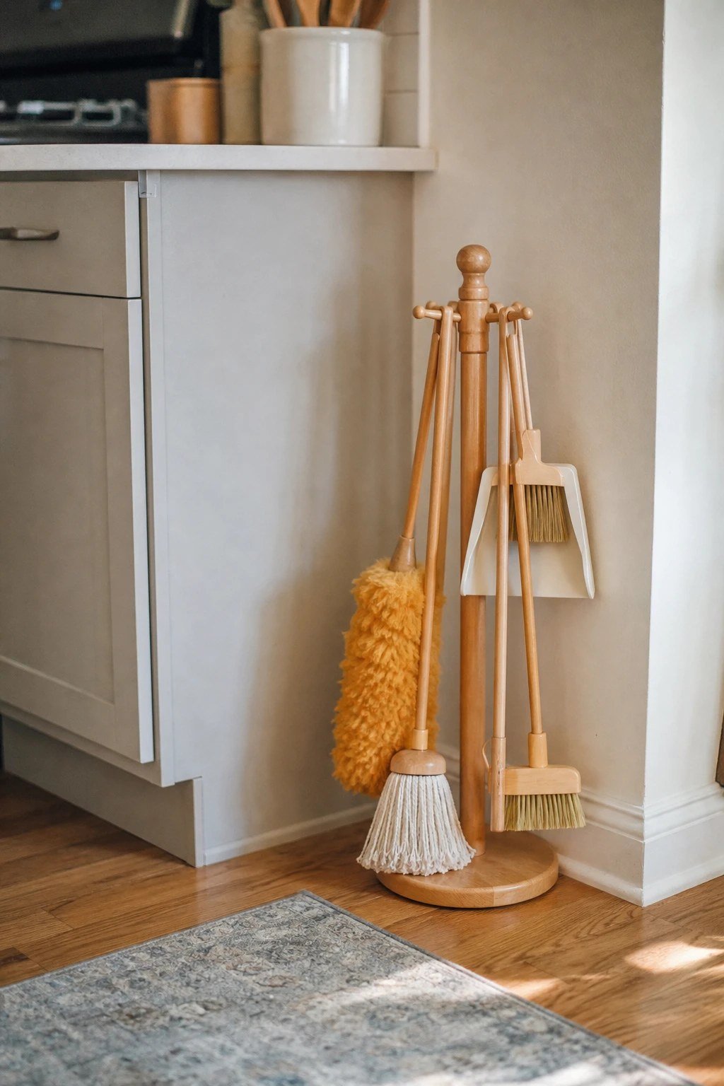 A child-size broom, mop and duster set on a small wooden stand