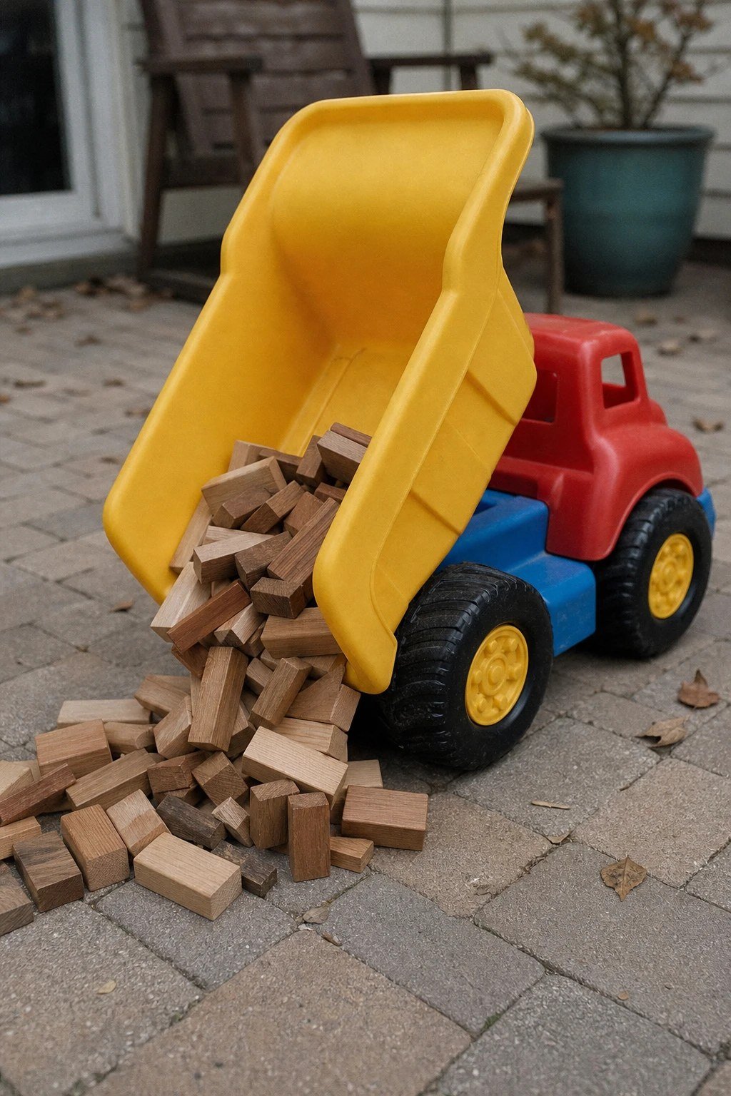 A chunky toy dump truck tipping wooden blocks on a patio