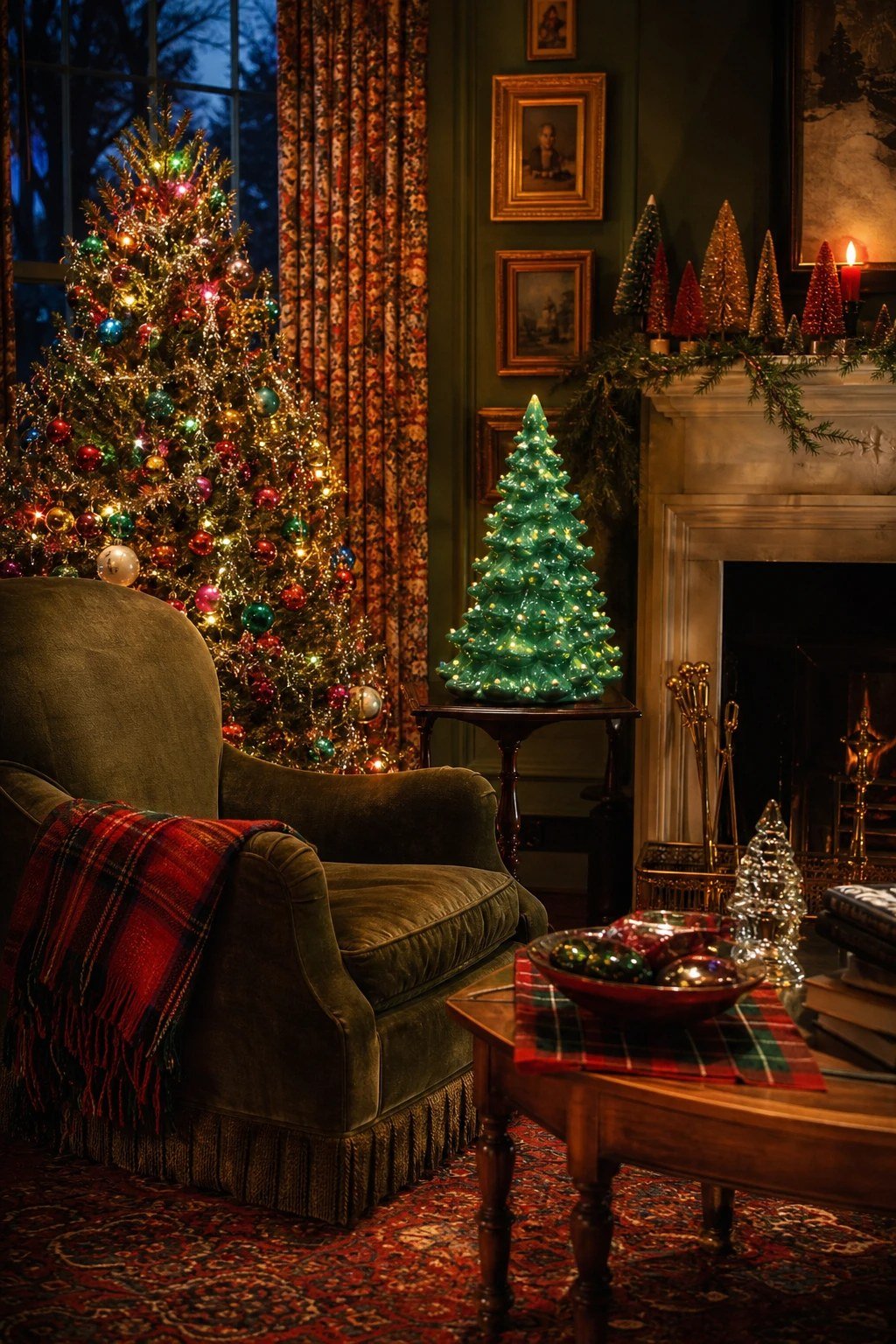 Vintage Christmas living room with a glowing ceramic tree, tinsel tree and retro ornaments