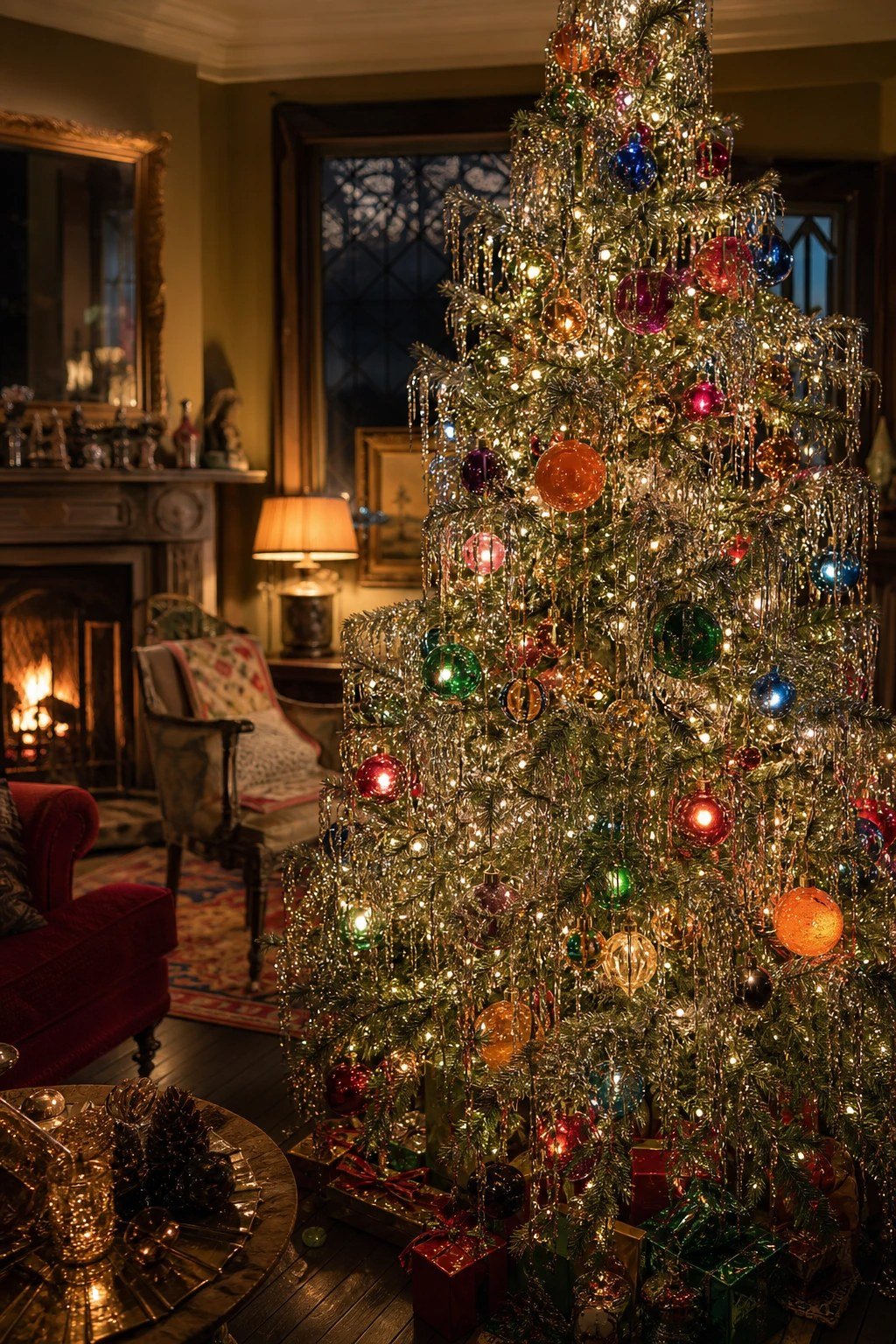 Silver tinsel, hung strand by strand