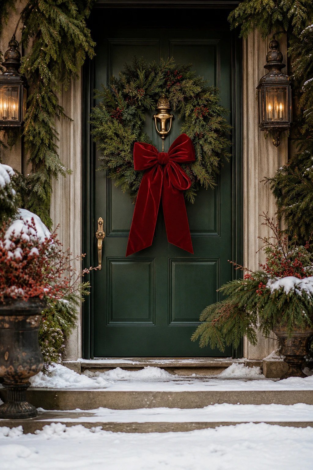 A wreath with a big velvet bow