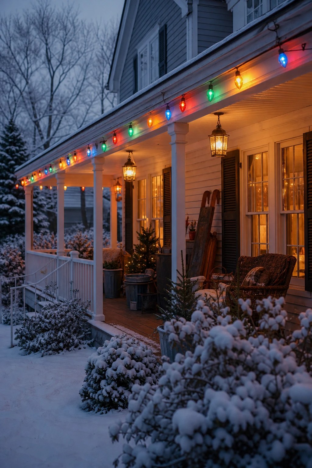 Colored lights along the porch