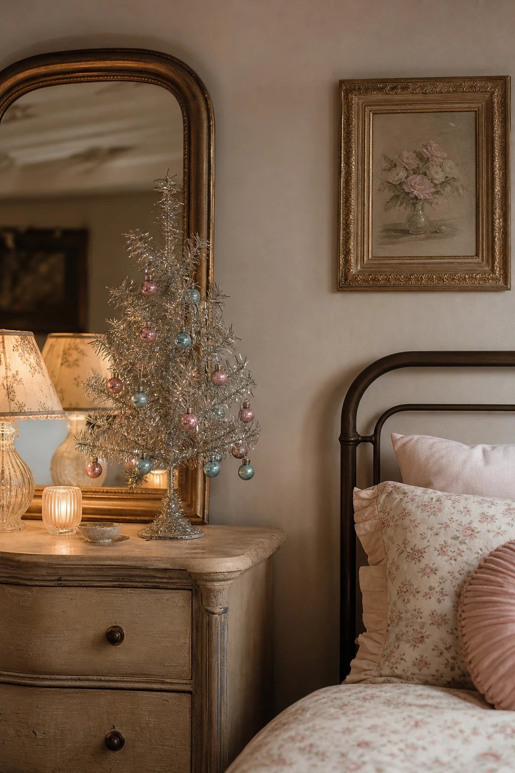 A tinsel tree in the bedroom