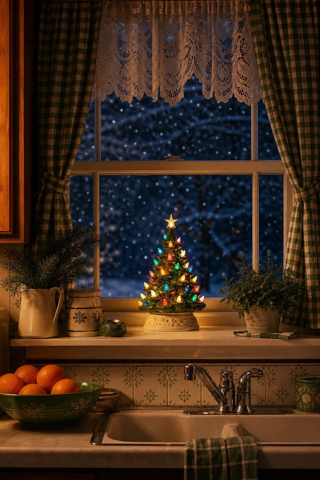 A ceramic tree in the kitchen window