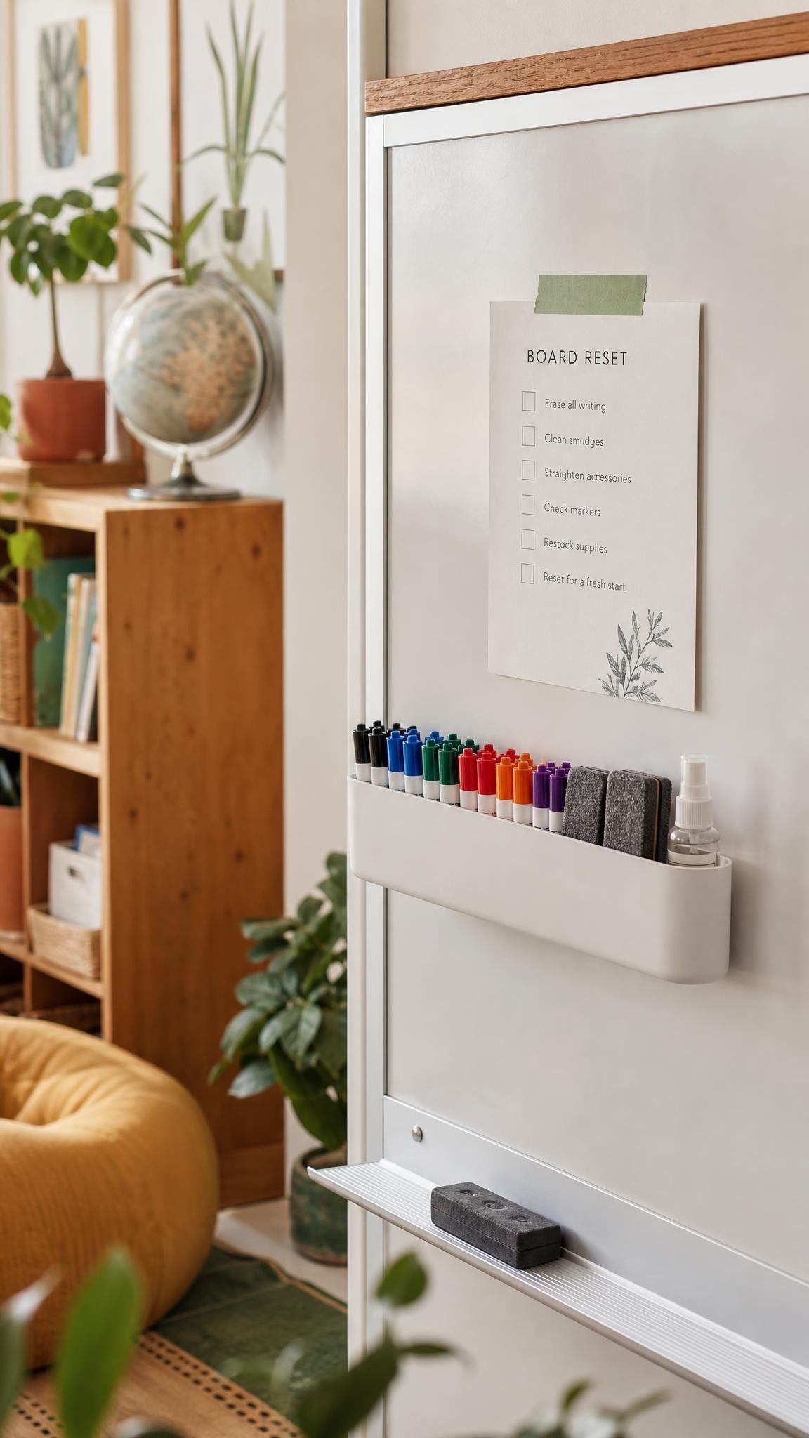 Dry erase markers sorted by color in a magnetic caddy beside magnetic erasers on a whiteboard