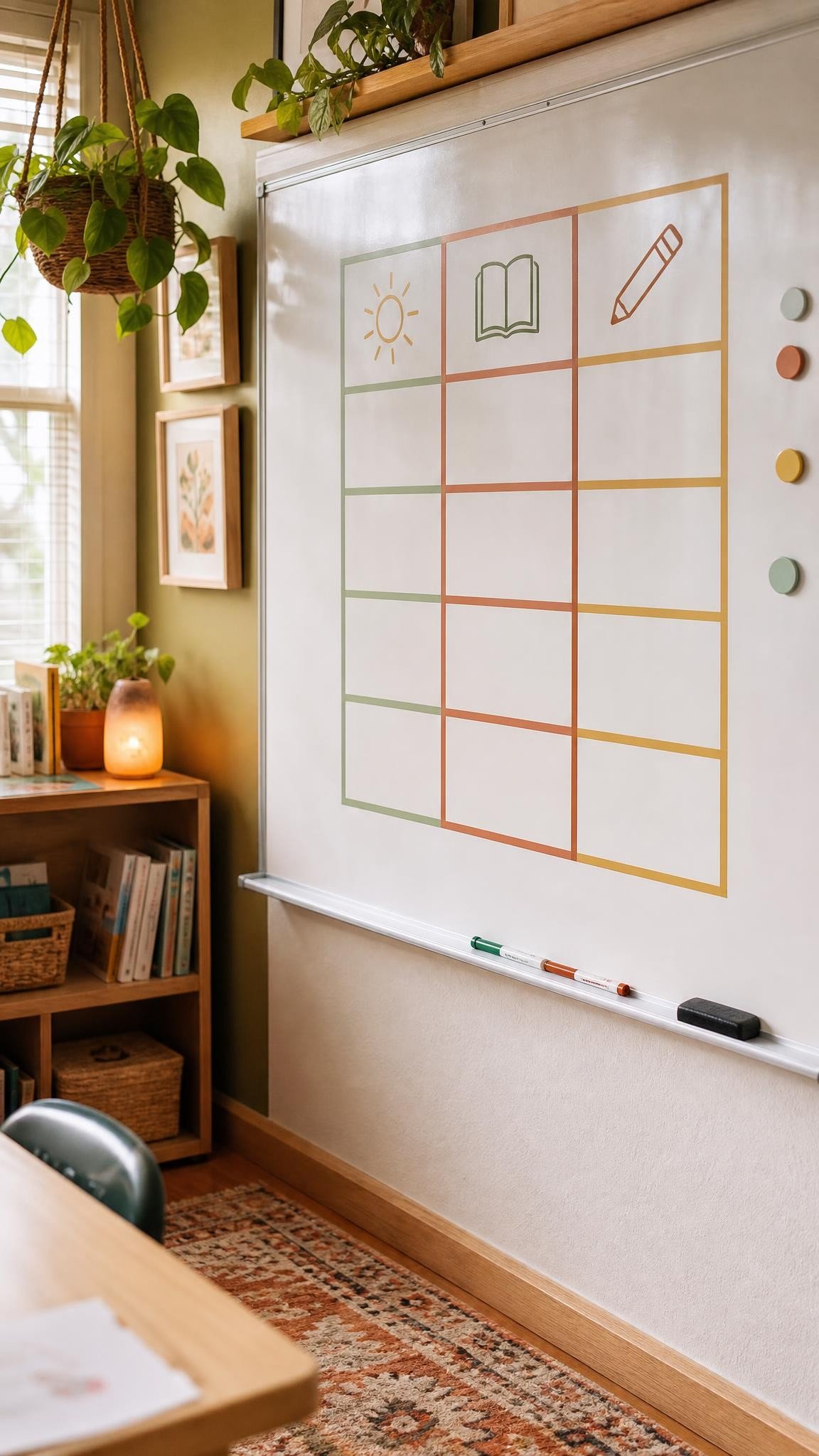 Classroom whiteboard divided into a weekly grid with thin colored tape and simple icons