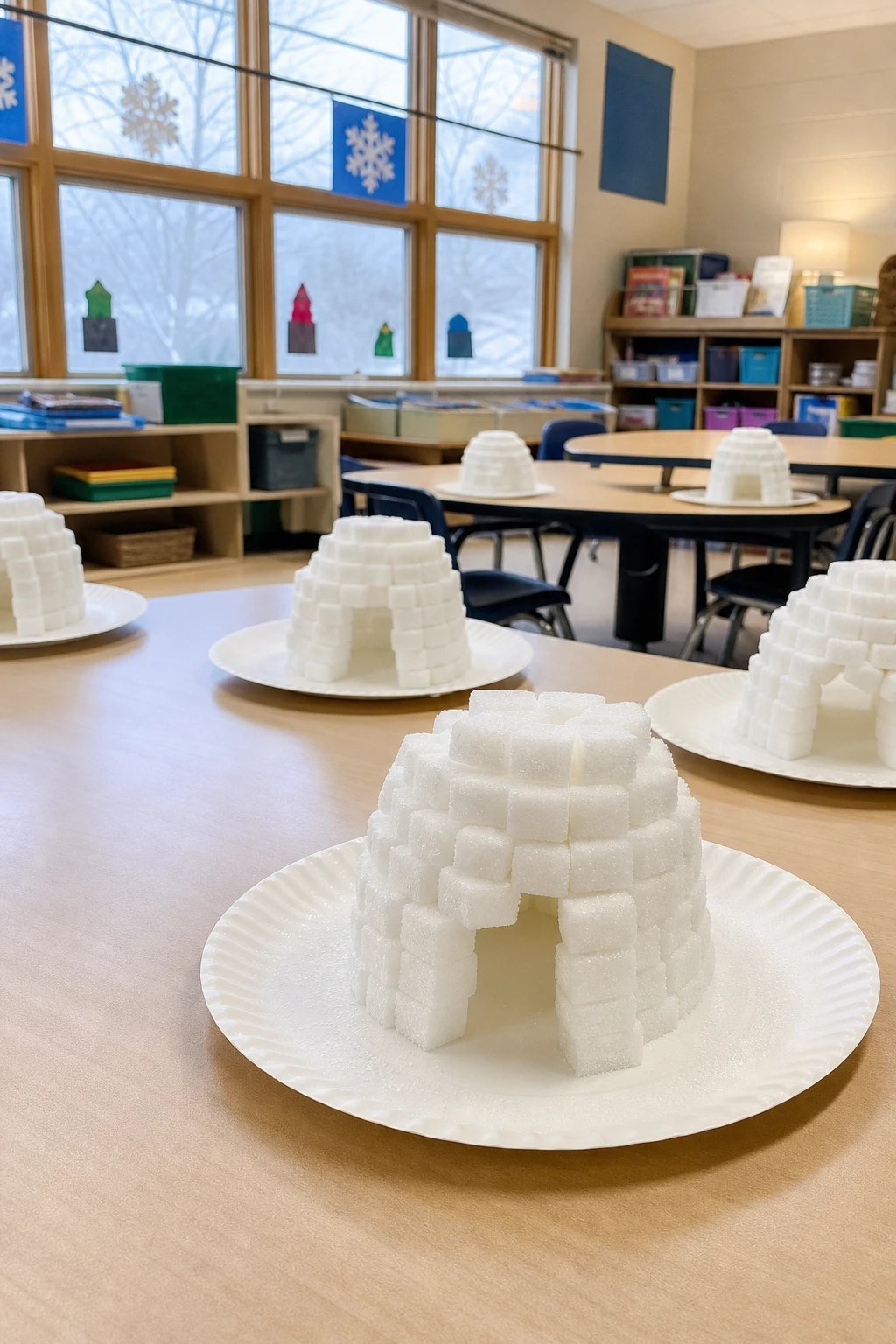 Build an igloo from sugar cubes or marshmallows