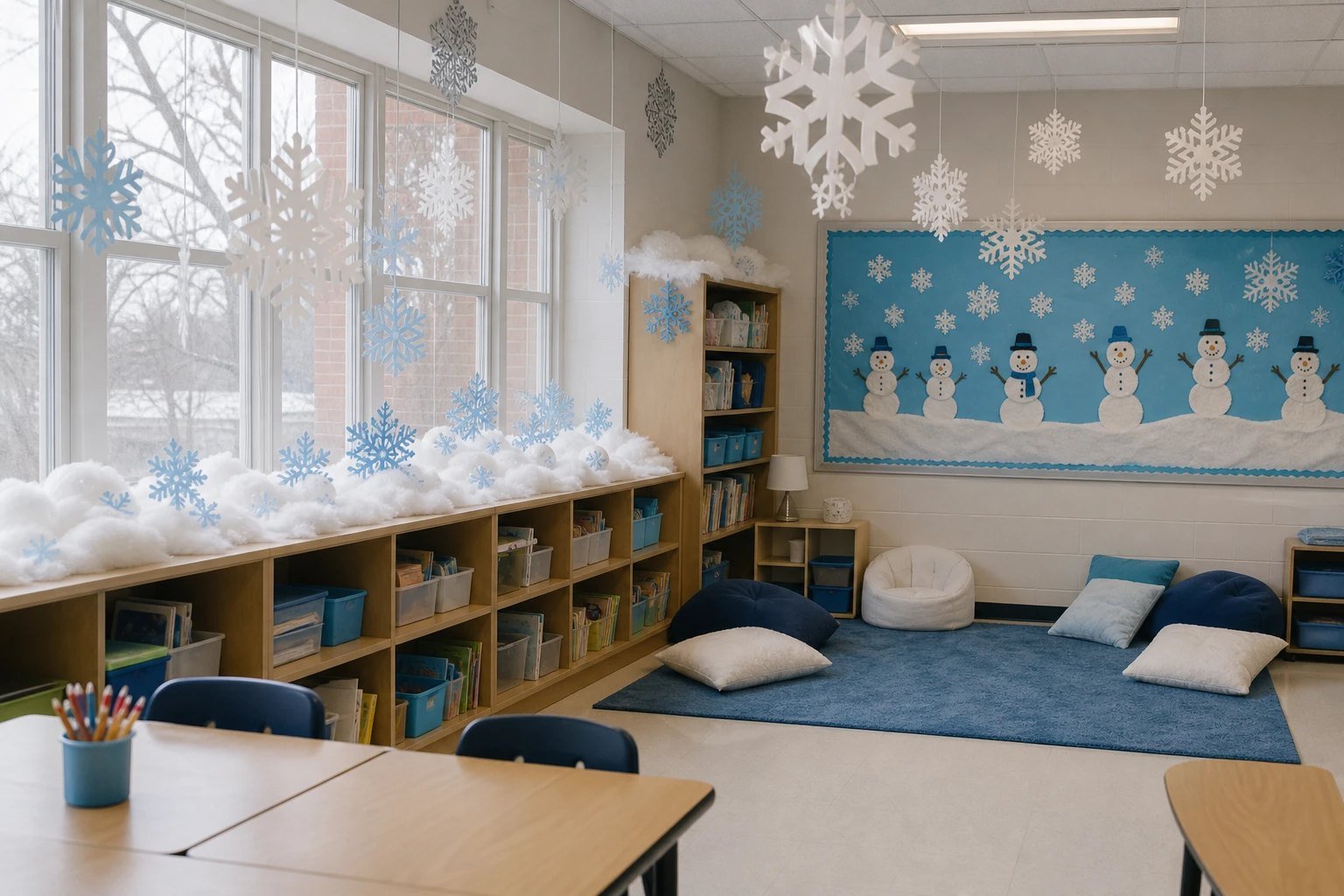 A bright winter wonderland classroom with paper snowflakes hanging from the ceiling and a cozy reading rug