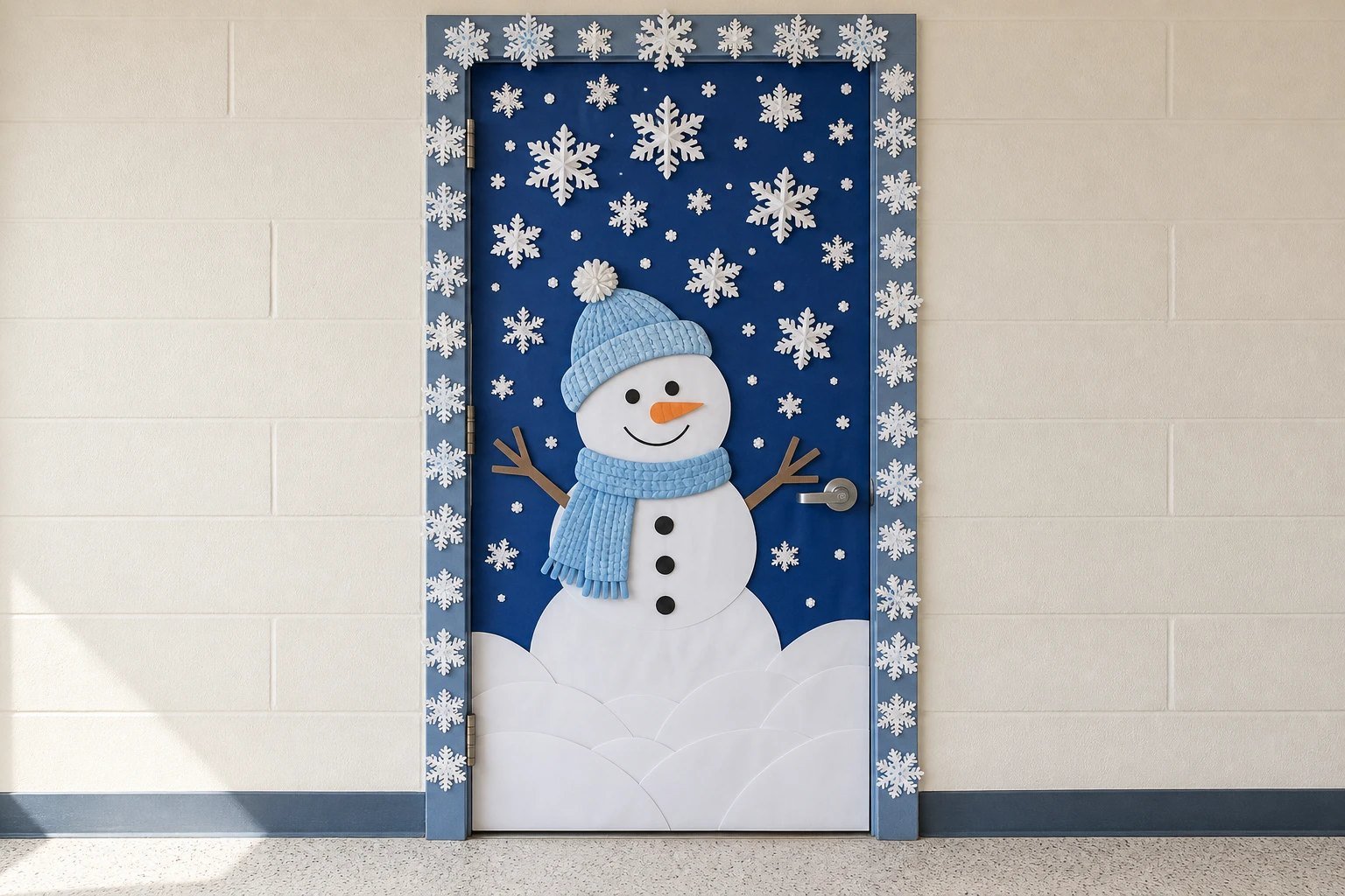 A cozy winter wonderland classroom door with a paper snowman and falling snowflakes